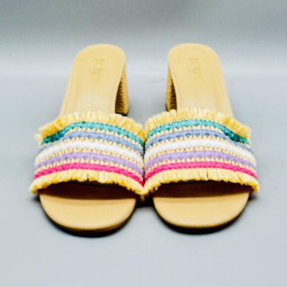 J Crew Sandals Womens 8.5 Beige Woven Slide Open Toe Block Heel Raffia Fringe - Picture 1 of 11